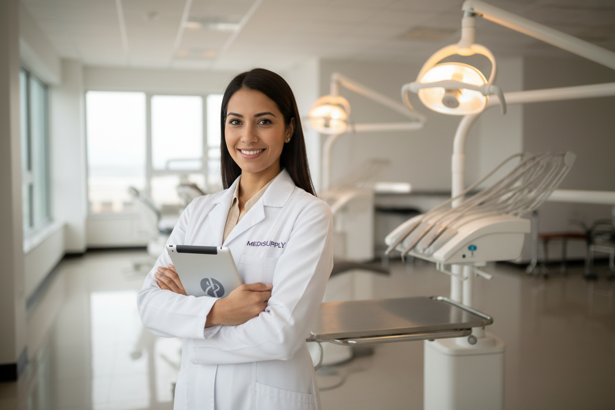 Healthcare professional adjusting a medical examination lamp in a clinical setting — NZ Lights specialist medical and dental replacement lamps