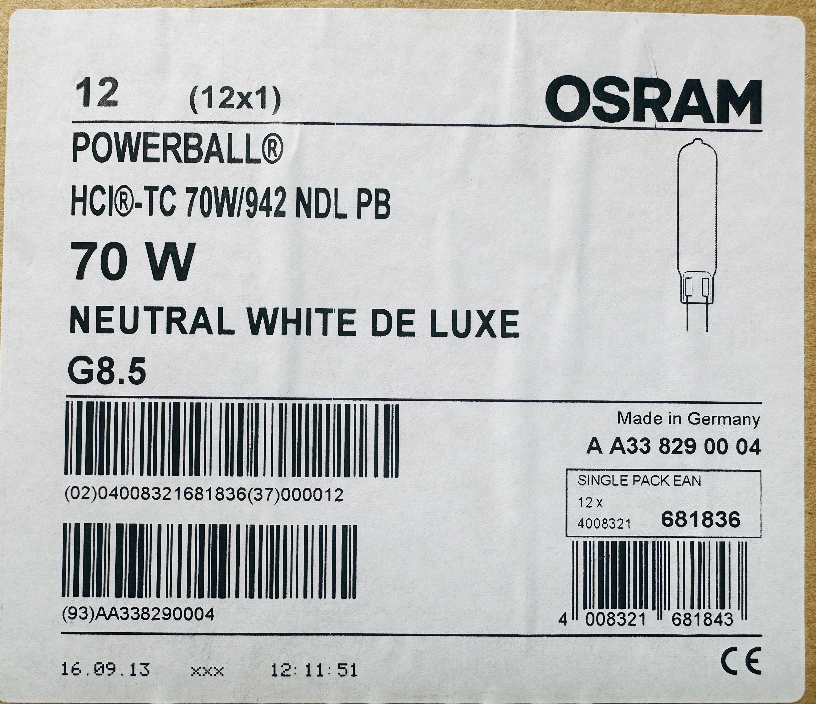 A white paper label for an OSRAM Powerball G8.5 70W neutral white de luxe LED bulb, showing product specifications, barcodes, and a small bulb diagram.